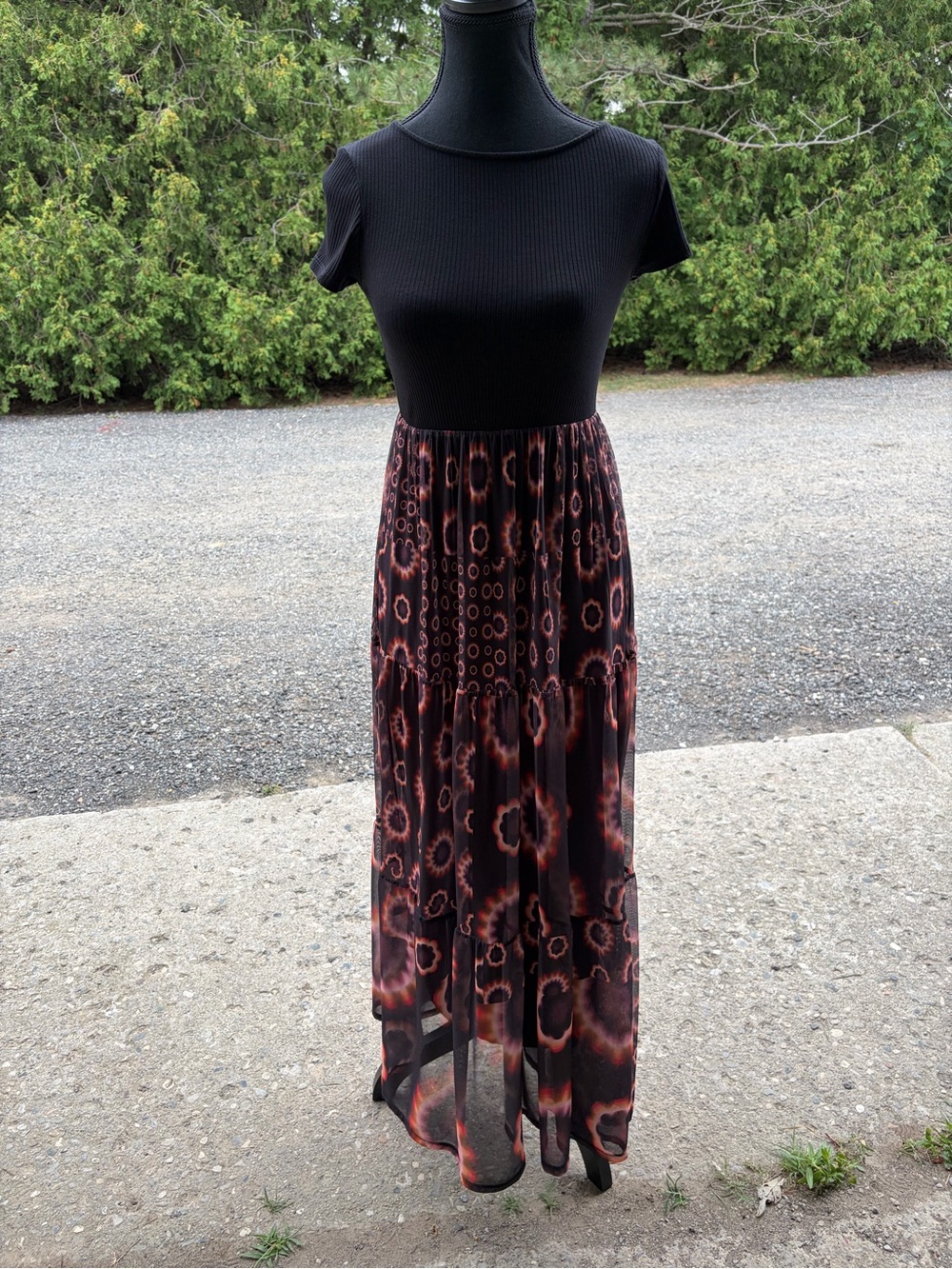 Desigual Black Ribbed Top with Black & Burnt Orange Patterned Maxi Skirt